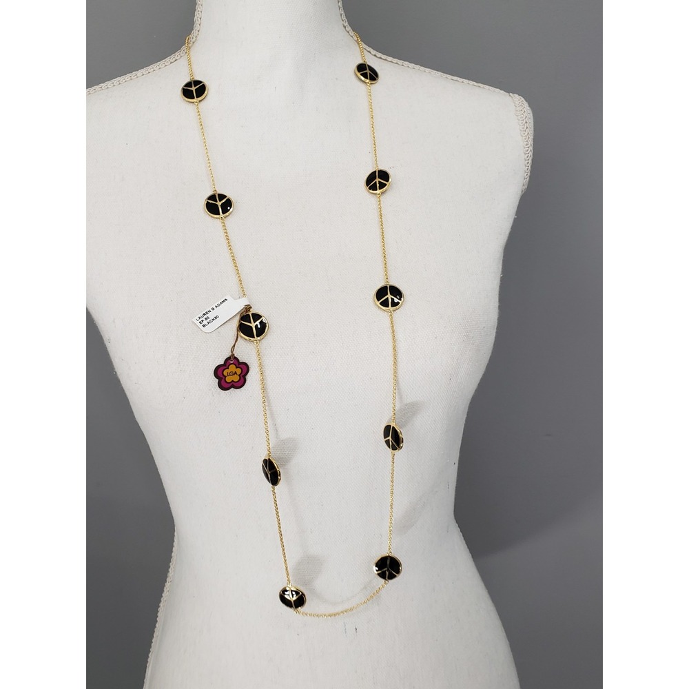 Lauren G Adams PEACE SIGN BLACK Enamel Station Necklace Gold Plated 42 in Long